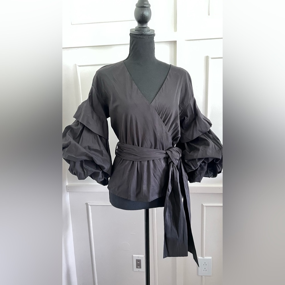 Elegant Black Wrap Top with Balloon Sleeves